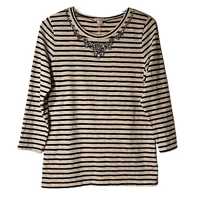 J. Crew Black Striped Jeweled Shirt 3/4 Sleeve Rhinestone Women’s Size S • $20.40