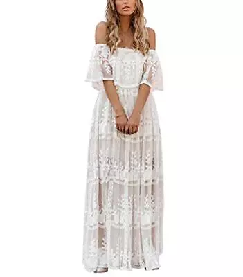 MERMAID'S CLOSET Womens Casual Off Shoulder Lace Maxi Dress White Lace Sleeve • $7.99