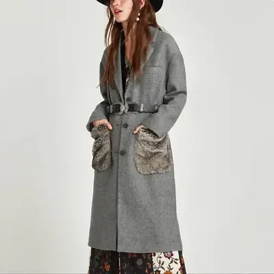 $31.99 • Buy Zara Turf_outerwear Fur Pockets Long Gray Wool Blend Coat Size XS