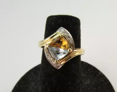 Vintage 14K Yellow Gold Citrine & Blue Aquamarine Ring Size 4 1/4 Diamond Accent • $199.99