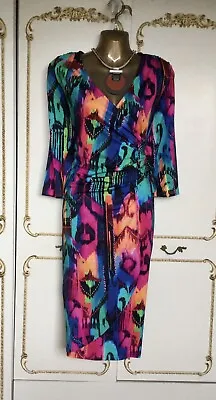 LIBRA DESIGNS  Size 16 Striking Bright Multi Print False Wrap Dress NWT RRP £195 • £85