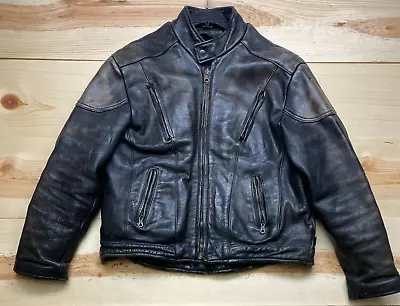 Vintage Leather Jacket 48 Black Brown Patina Motorcycle Biker Vented Heavy * • $99.88