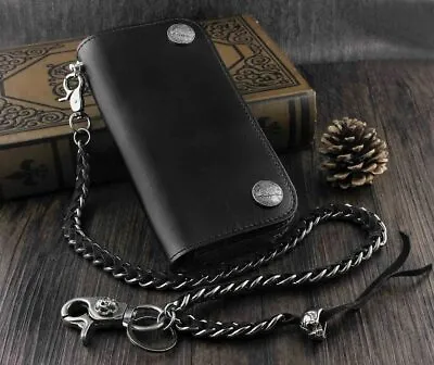 Fashion Mens Genuine Leather Biker Rocker Long Wallet Skull Braided Chain • $86.95