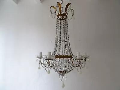 ~Italian Empire White Murano Opaline Beads Drops Beaded Tole Chandelier C 1900~ • $3799