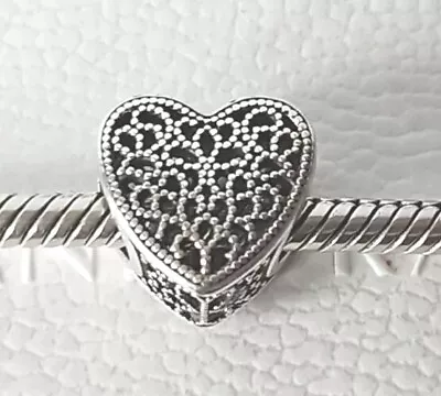 Genuine Pandora Bracelet Charm - Silver Filigree Beaded Heart S925 ALE • £5