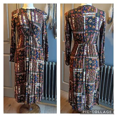 Zara Beautiful Autumnal Floral Print Boho Midi Patchwork Dress M 8/10 VGC • $35