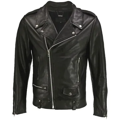 New Mens Brando Sheepskin Black Leather Jacket Asymmetrical  Biker Motorcycle • $99.99