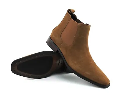 Genuine Suede Cognac Mens Dress Chelsea Boots Almond Toe Leather Lining AZAR MAN • $59