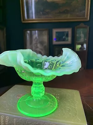 Antique Dugan Vaseline Glass Coin Spot Opalescent Ruffled Compote 1901 EAPG • $49