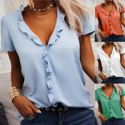 Womens Ruffled V Neck T Shirt Short Sleeve Tops Loose Casual Blouse Shirt Tee • $16.99