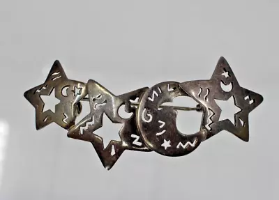 BOMA Geometric 925 Sterling Silver Vintage Dark Tone Moon & Stars Brooch Pin QTO • $3.48