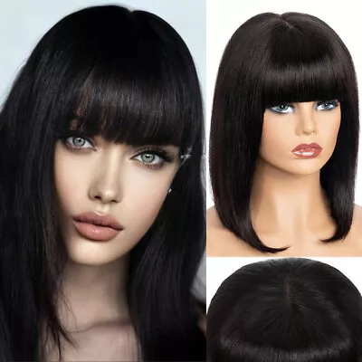 Light Yaki Straight Bob With Bangs Wig Lace 100% Real Remy Human Hair Wigs Black • $55.11