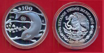 Mexico Coin 100 Pesos 1992 Whale In Original Case Silver • £22.23