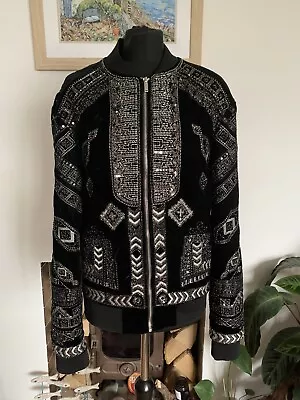 Very Rare ZARA MAN Black Embroidered Sequin Velvet Bomber Jacket - Size L - Mens • $209.62