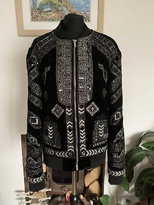 Very Rare ZARA MAN Black Embroidered Sequin Velvet Bomber Jacket - Size S - Mens • £149.99