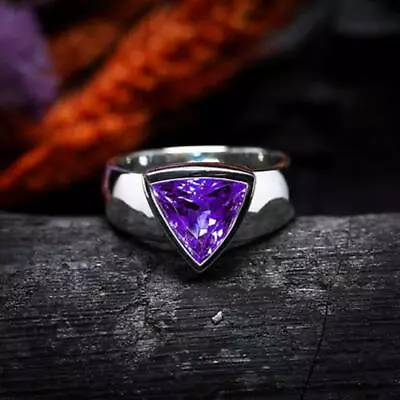 935 Argentium Silver Trillion Cut Purple Amethyst Men Statement Engagement Ring • $150