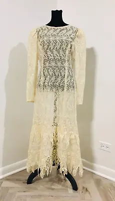 UNBRANDED Vintage Gold Long Sleeve V-Back Sheer Lace Dress 6 Small To Medium • $60