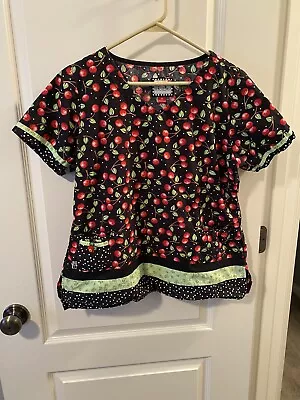 Mary Engelbreit Medium Cherry Cherries Womens Scrub Top Cute Black Polk A Dot • $12.99