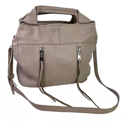 Linea Pelle Womens Taupe Gray Pebble Leather Large Satchel Purse Crossbody Bag • $48.29