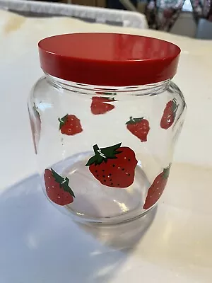 Vtg Clear Glass Strawberry D F Design Canister Storage Jar W/Plastic Screw Lid • $15.50