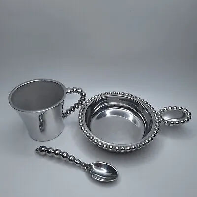 Mariposa String Of Pearls Baby Cup Spoon & Porringe Bowl Set Of 3 Exc Cond • $15