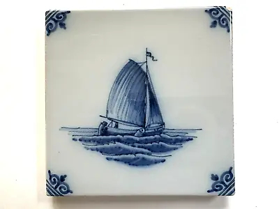 VTG Royal Makkum Tichelaar Delft Dutch Blue Glazed Nautical Man In Boat Tile 4  • $34.95