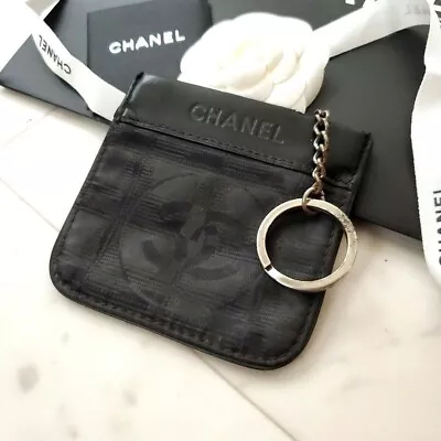 CHANEL New Travel Line Coco Mark Key Ring Coin Case Leather Nylon Black Used • $143
