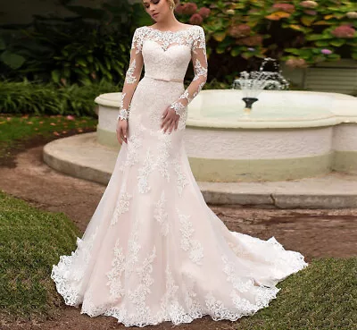 Mermaid Wedding Dress Scoop Neck Long Sleeves Backess Lace Appliques Bridal Gown • $146.80