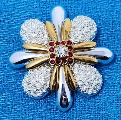 Joan Rivers Art Deco Maltese Cross Brooch Pin Mixed Metals Red Rhinestones VTG • $45