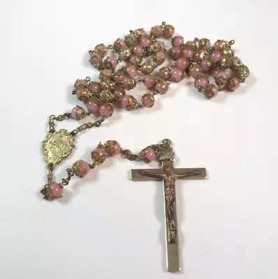 Vintage Pink Glass Beaded Filigree Capped Rosary 28  Neck Opening  • $19.99