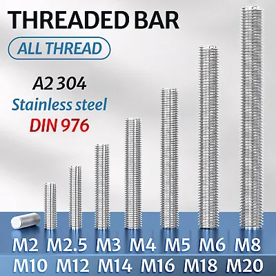 M2 M3 M4 - M20 A2 STAINLESS STEEL THREADED BAR - Rod Studding All Thread DIN 976 • £2.03