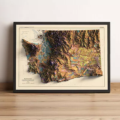 Washington Map Washington 2D Relief Map Washington Vintage Map - 2D Flat Print • $214