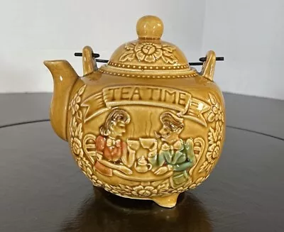 Vintage Mustard Yellow Tea Time Porcelain Teapot Metal Wire Handle Made N Japan • £13.30