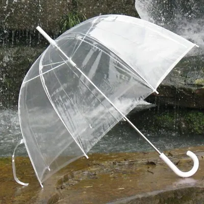 🔥Large Clear Dome See Through Umbrella Handle Transparent Rain Windproof Brolly • £7.45