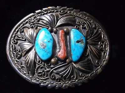 Vintage Navajo Sterling Silver Turquoise Belt Buckle 3 3/4   PB  Peyote Bird  • $99