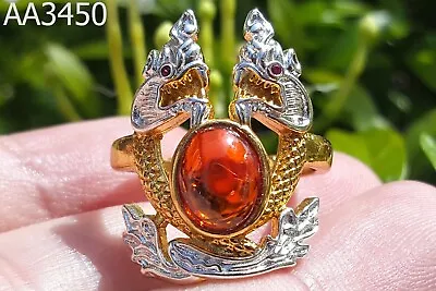 Twin Naga Dragon Serpent Red Naga Eye Fortune Ring Size 8.5 US Thai Amulet #3450 • $30.08