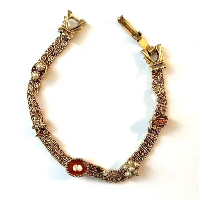 Vintage Goldette Cameo Faux Pearl Brushed Gold Tone Link Bracelet 628 • $26