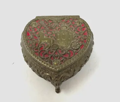 Vintage Heart Shape Trinket Box Queen Horse Carriage Japan Brass Cinderella • $19.99