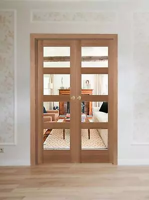 French Doors Internal Composite Unfinished Oak Pair Shaker 4 Light Clear Glass • £289.99