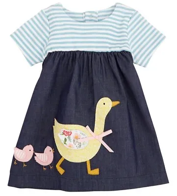 Girls MUD PIE Boutique Dress 0 3 6 9 Months NWT Duck Chicken Farm Applique Blue • $16.95