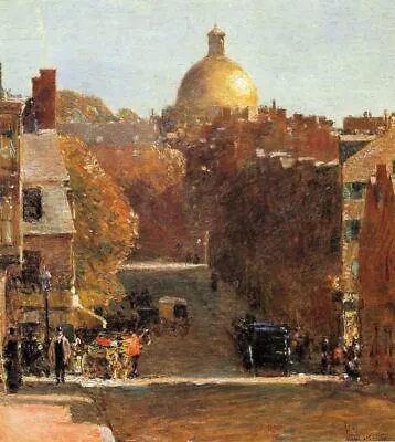 Oil Painting Frederick-Childe-Hassam-Mount-Vernon-Street-Boston Cityscape Canvas • $80.99