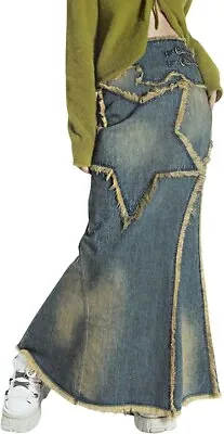Women Frayed Hem Denim Maxi Skirt Floor Length Long Jean Skirt Distressed Patchw • $17.99