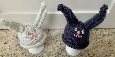 Boiled Egg Cosy Set Of 2  Hand Knitted - Easter Bunnies White & Dark Grey • £3
