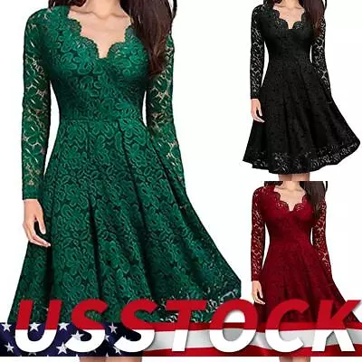 $28.29 • Buy Women V Neck Formal Party Lace Long Sleeve Dress Wedding Bridesmaid Prom Gowns