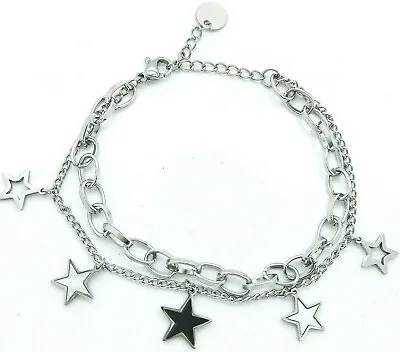 Ladie's Stainless Steel 319l  Silver Charms  Bracelet Star Double Chain • £10