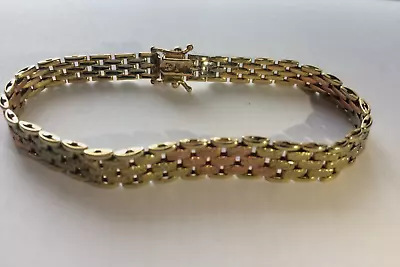 9ct Gold Tri Coloured Ladies Brick Link Bracelet 18cm Long 10.06 Grams • £200