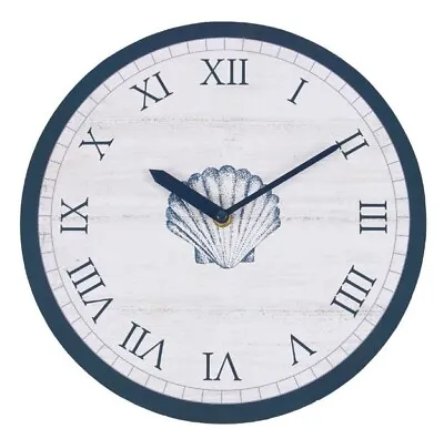 White & Navy Blue Coastal Clock * Nautical Seaside Shell Design  28 X 28 Cm • £12.95