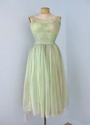 Vtg 50s 60s Mint Green Chiffon Formal Dress Beaded Bateau Neck Draped Waist S • $65