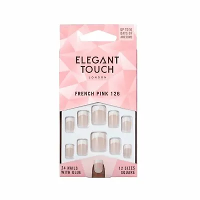 Elegant Touch 126 French Pink 24 False Nails With Glue 12 Sizes Square  • £6.49