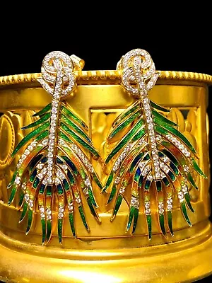 Vintage 18K Diamond Enamel Articulating Peacock Feather Drop Earrings • $4725